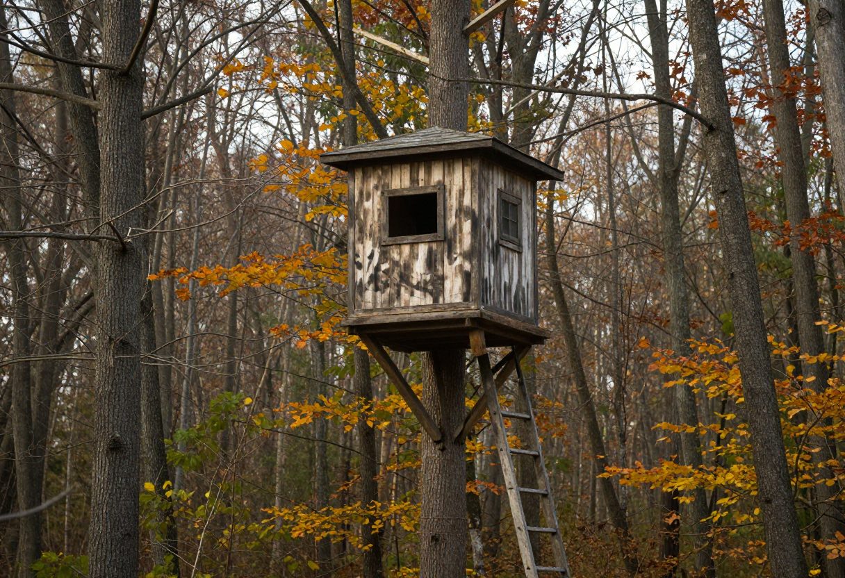 An elevated hunting treestand mounted on a tree trunk in the woods