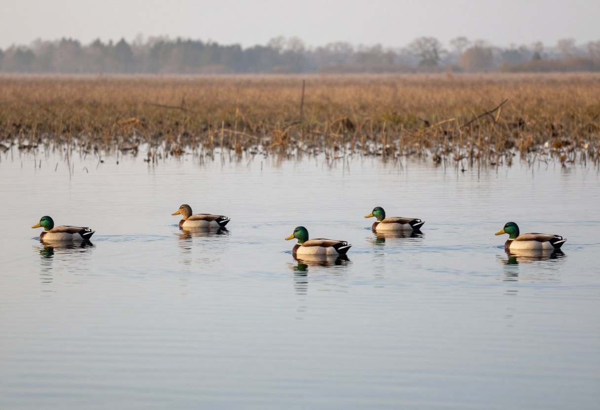 A spread of duck decoys floating on calm marsh water at dawn