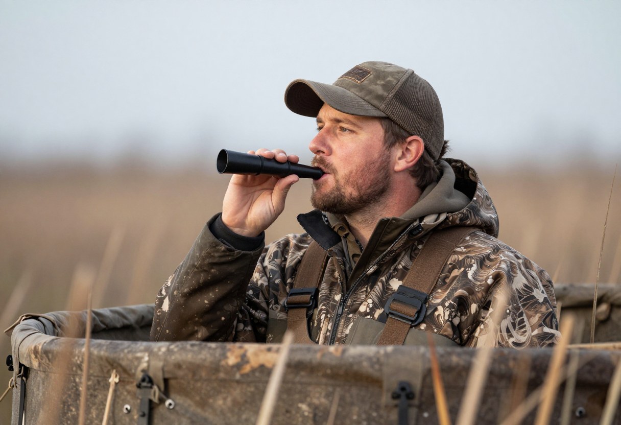 A waterfowl hunter in a duck blind holding a duck call to his mouth, marsh reeds around him