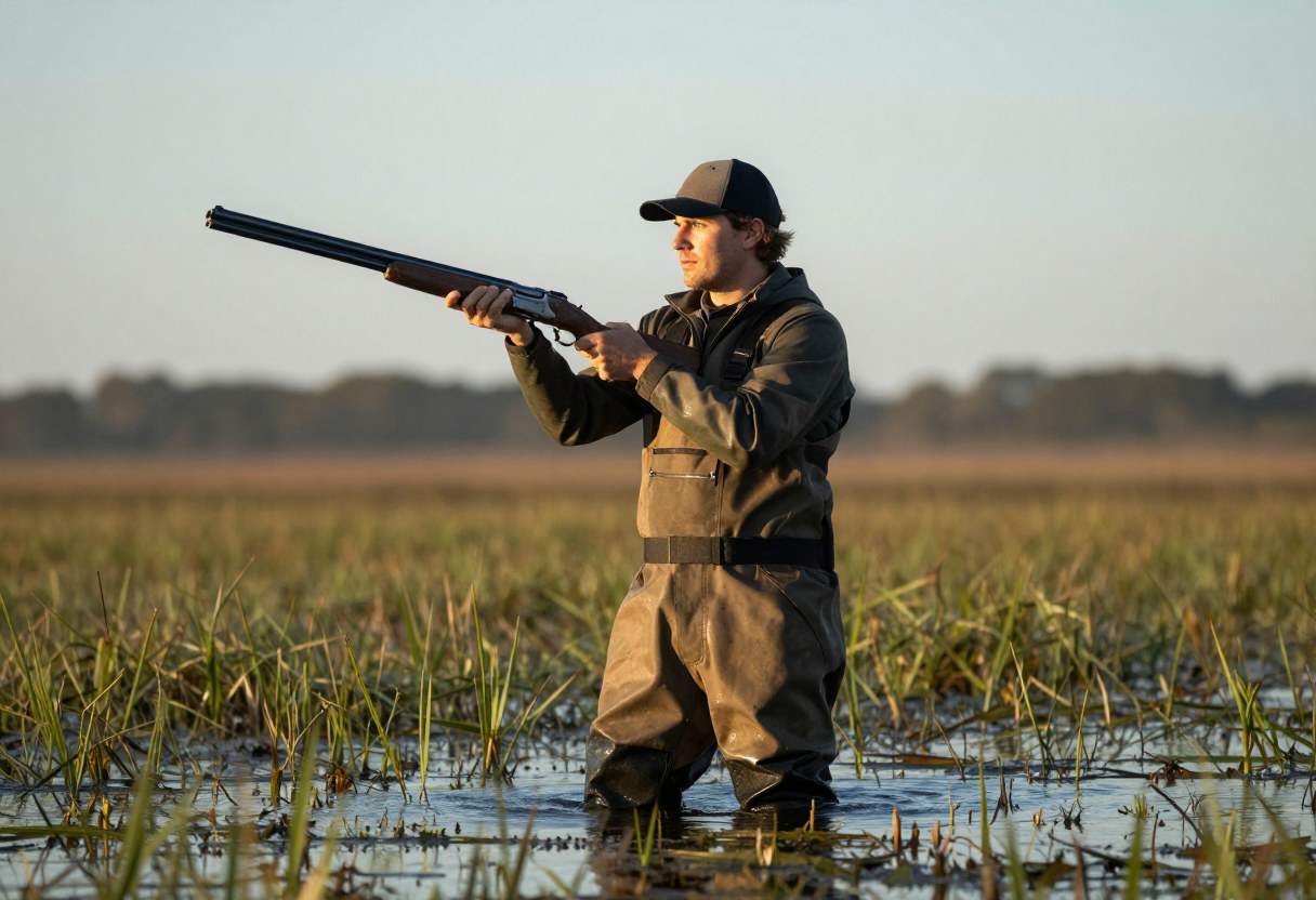 A waterfowl hunter in waders standing in a marsh at sunrise with a shotgun
