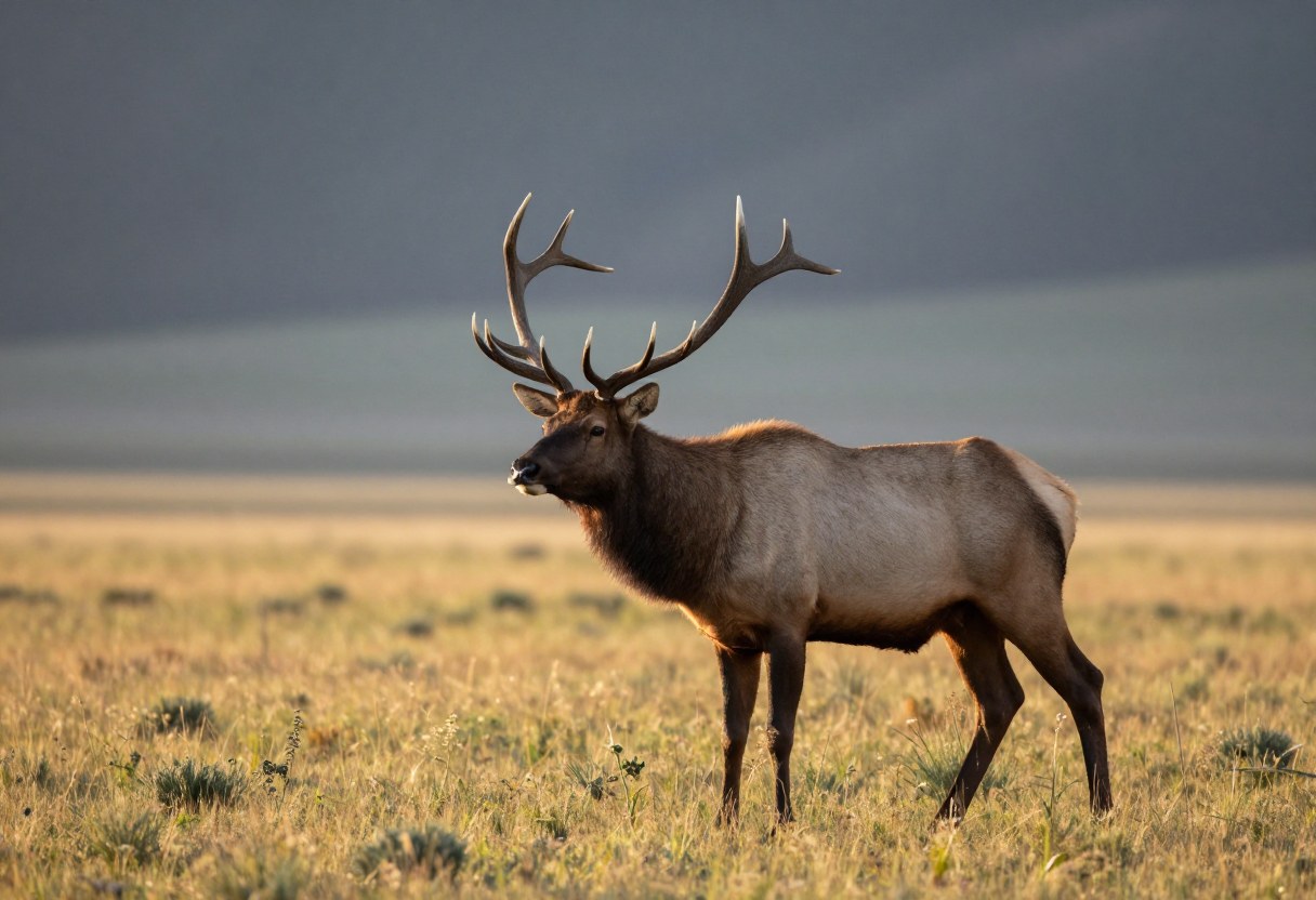 A bull elk standing in an open high-elevation mountain meadow at dawn