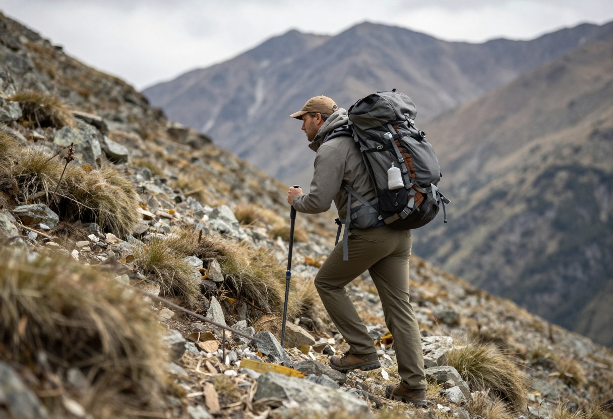 A hunter hiking up steep mountain terrain wearing a large backpack