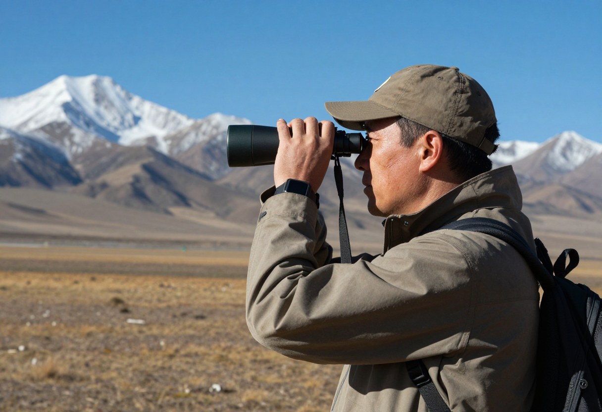 A hunter glassing across a vast high-elevation mountain landscape with binoculars