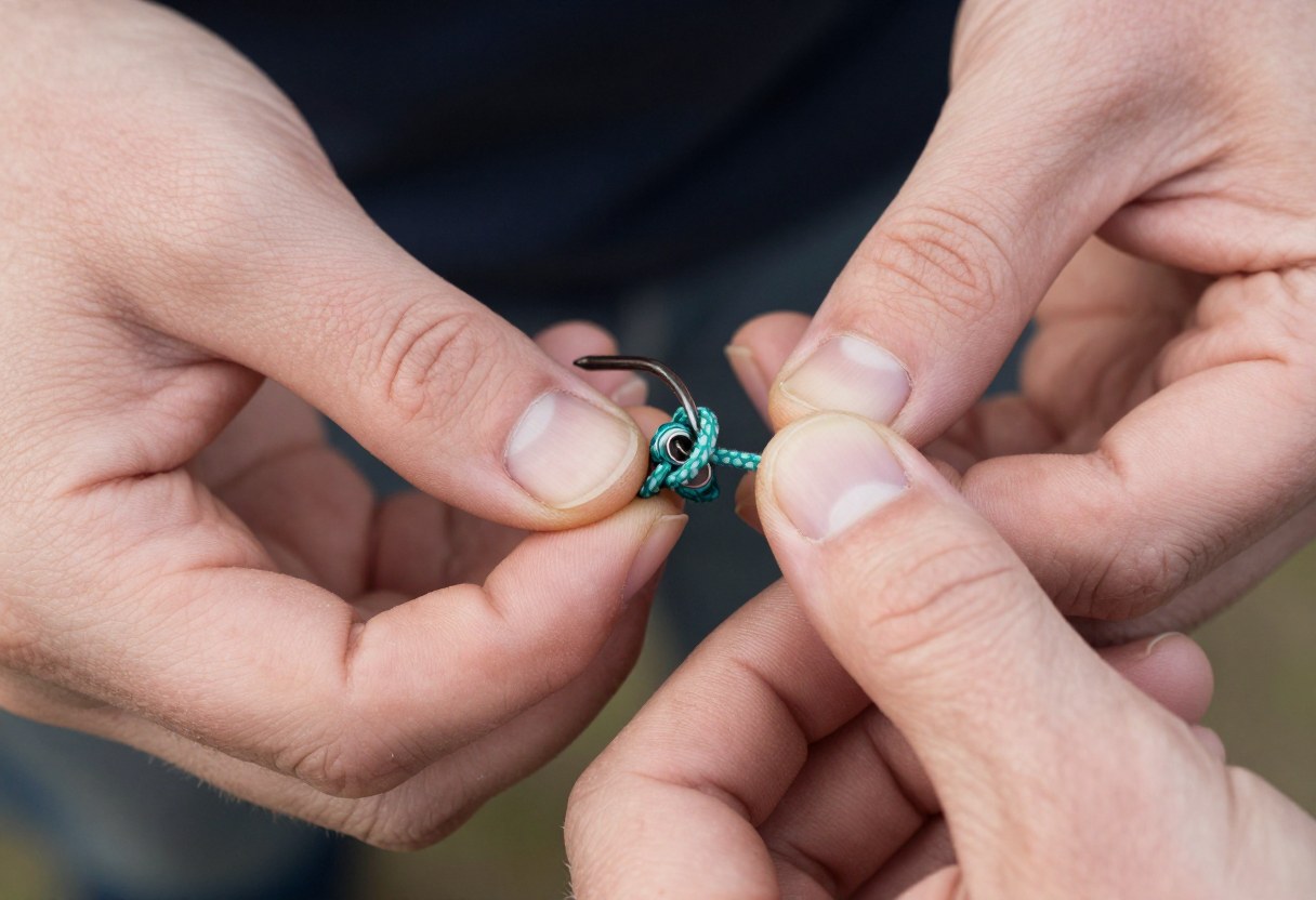 Close-up of hands pulling and cinching a fishing knot tight against a hook eye, outdoors