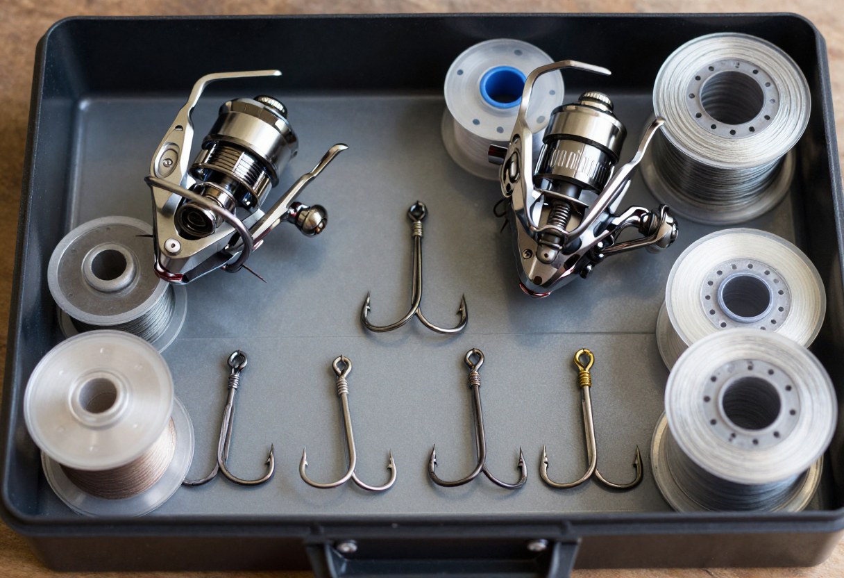 An assortment of fishing hooks, swivels, and spools of fishing line laid out on a tackle box tray