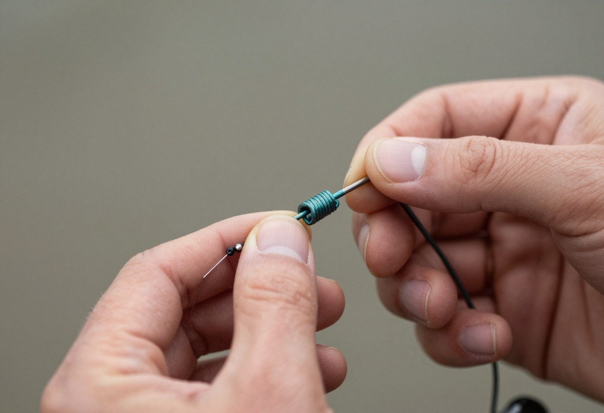 Close-up of hands tying a fishing knot on monofilament line