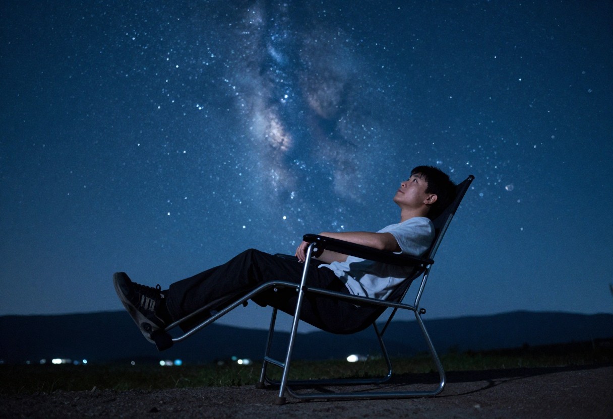 A reclining zero-gravity astronomy chair set up outdoors under a brilliant starry night sky