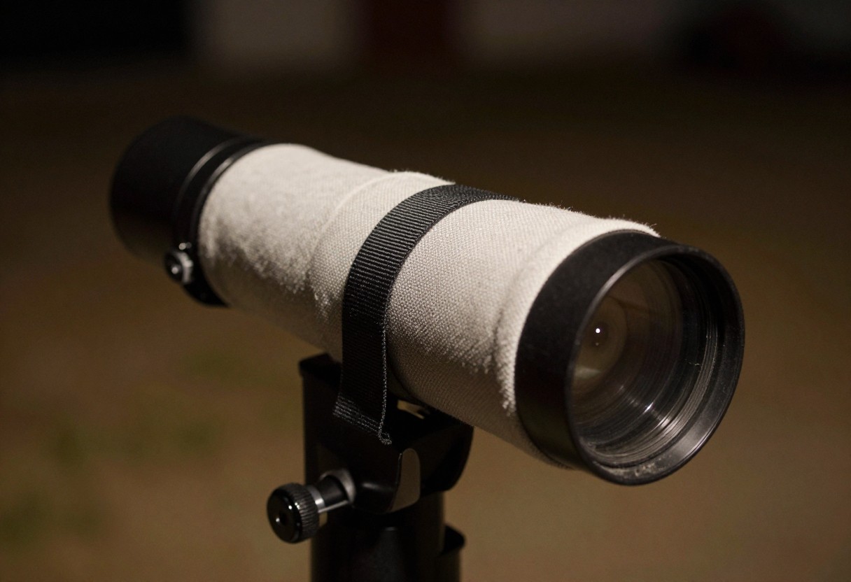 Close-up of a telescope's front optics wrapped with a dew heater strap, outdoors at night