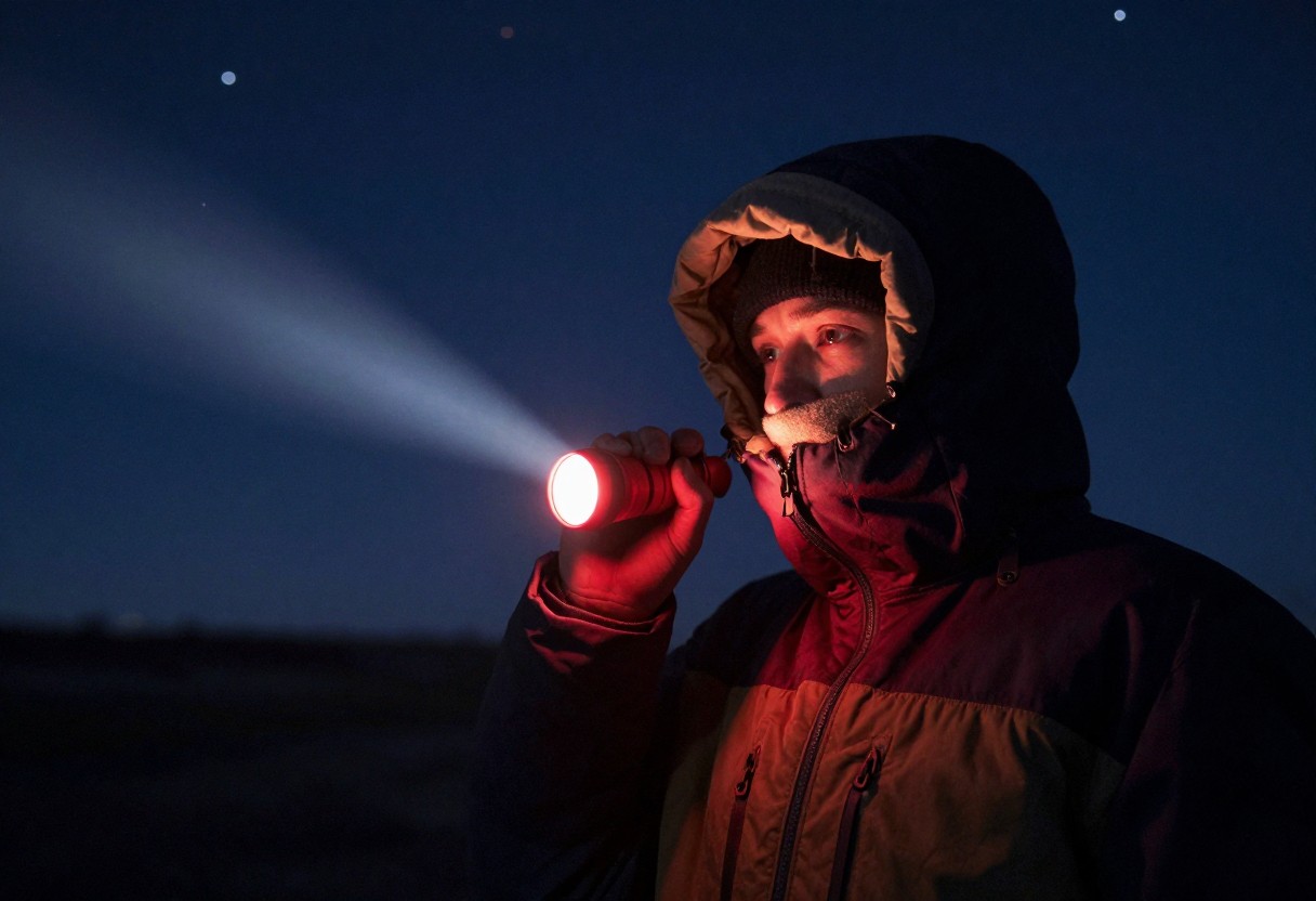 A person bundled in warm winter layers holding a glowing red flashlight outdoors at night under a starry sky