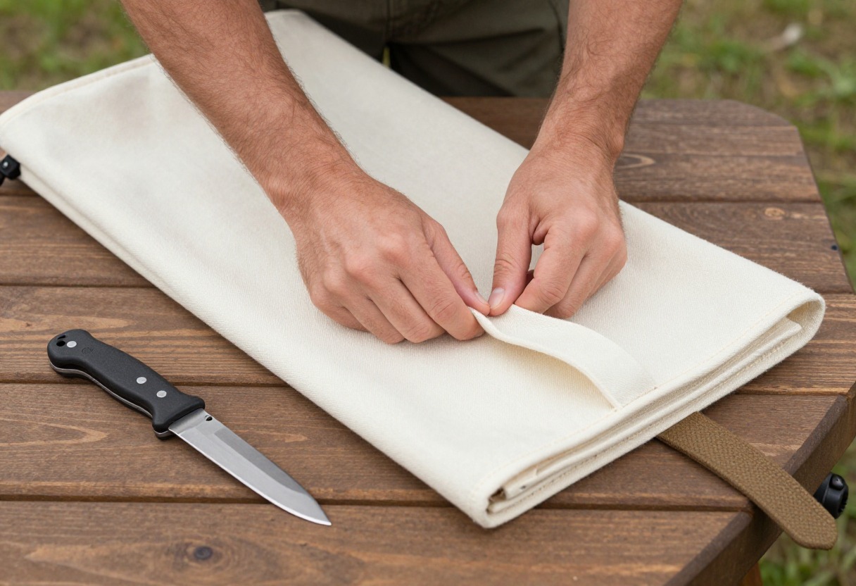 A hunter's hands folding a game bag next to a knife on a camp table