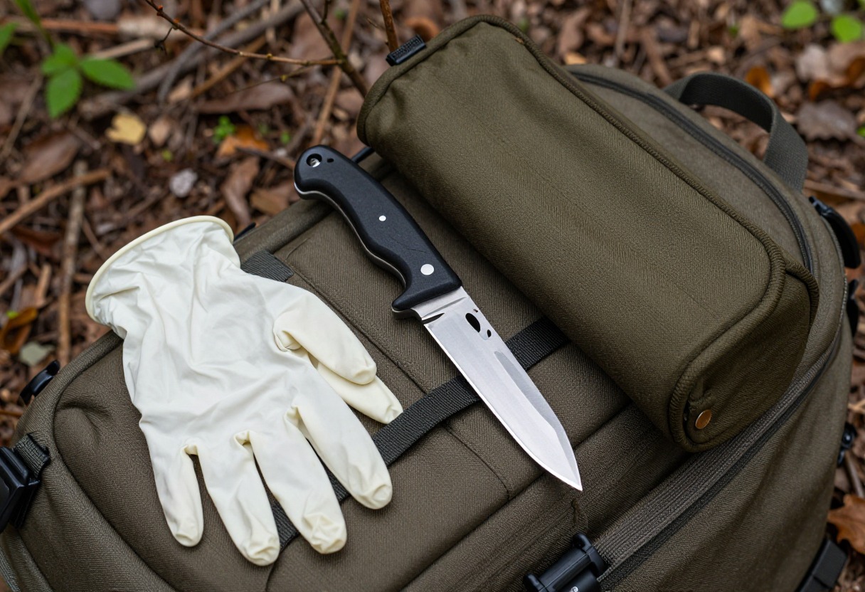 A fixed-blade knife, latex gloves, and a game bag laid out on a canvas pack