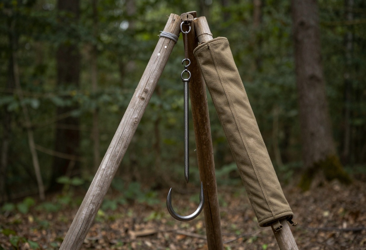 Deer-sized game hanging from a gambrel with a game bag nearby in a wooded clearing
