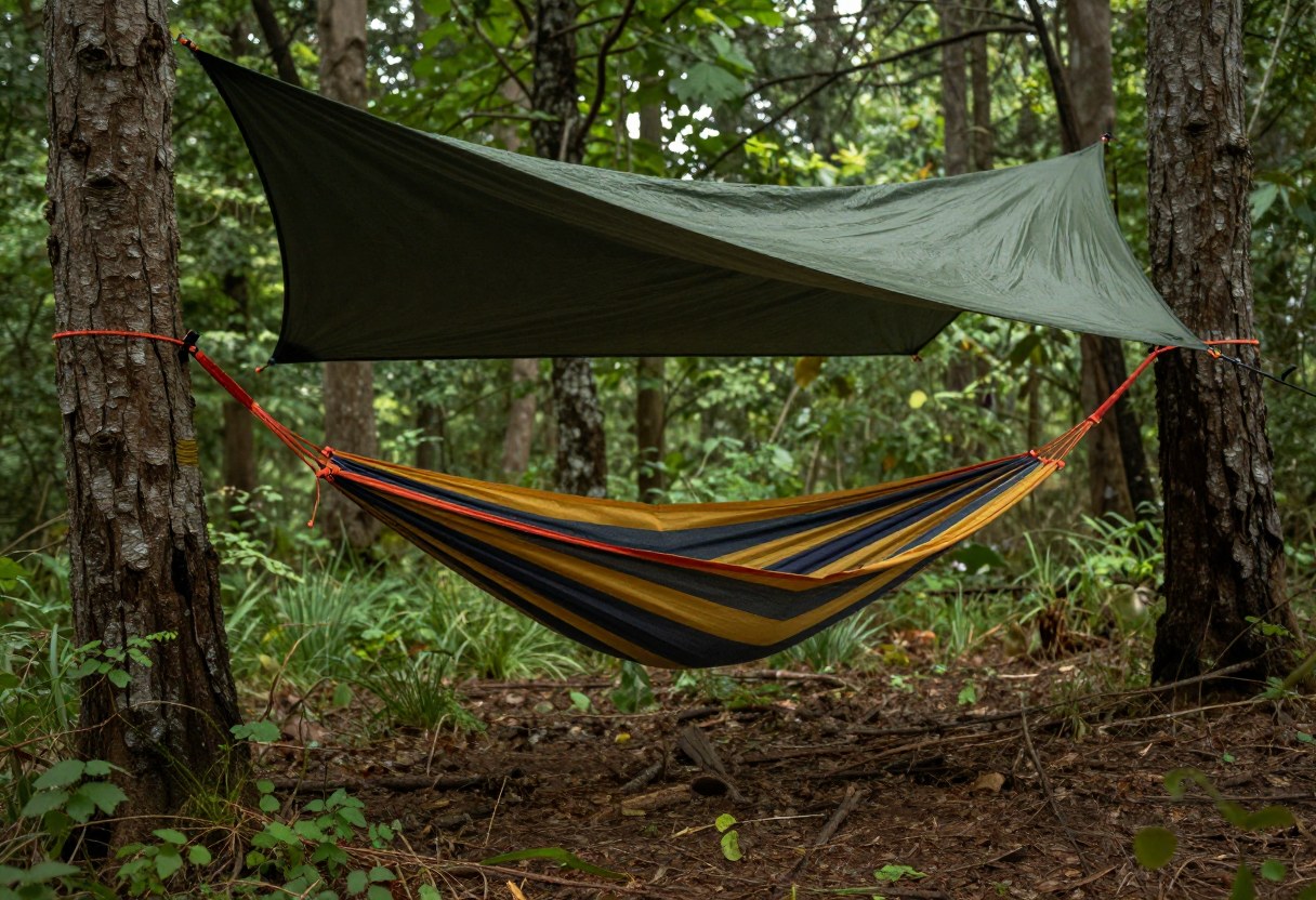 A camping hammock strung between two trees with a rain tarp overhead in a forest