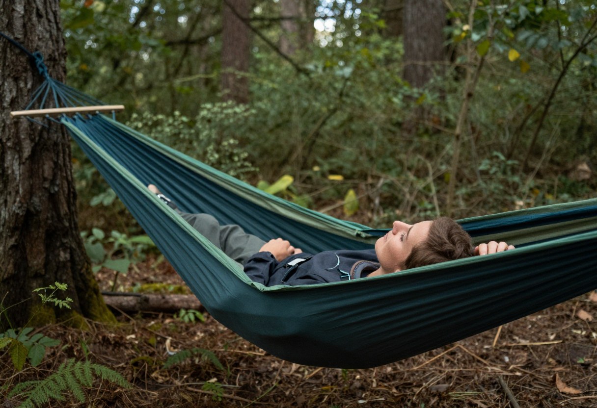 A person lying diagonally and relaxing inside a camping hammock in the forest