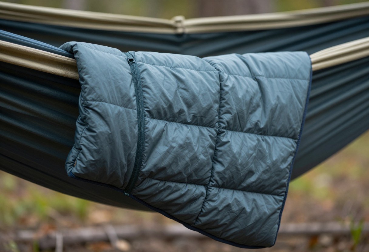 Close-up of an insulated underquilt hung beneath a camping hammock