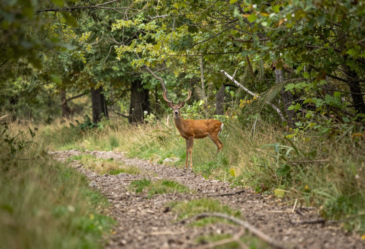 A deer standing at a distance in a forest clearing, seen from a hiking trail