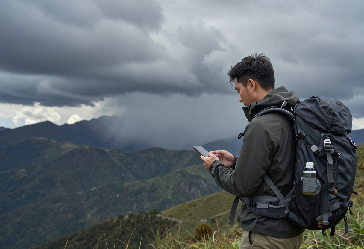 A hiker looking at dark storm clouds building over mountains while checking a phone