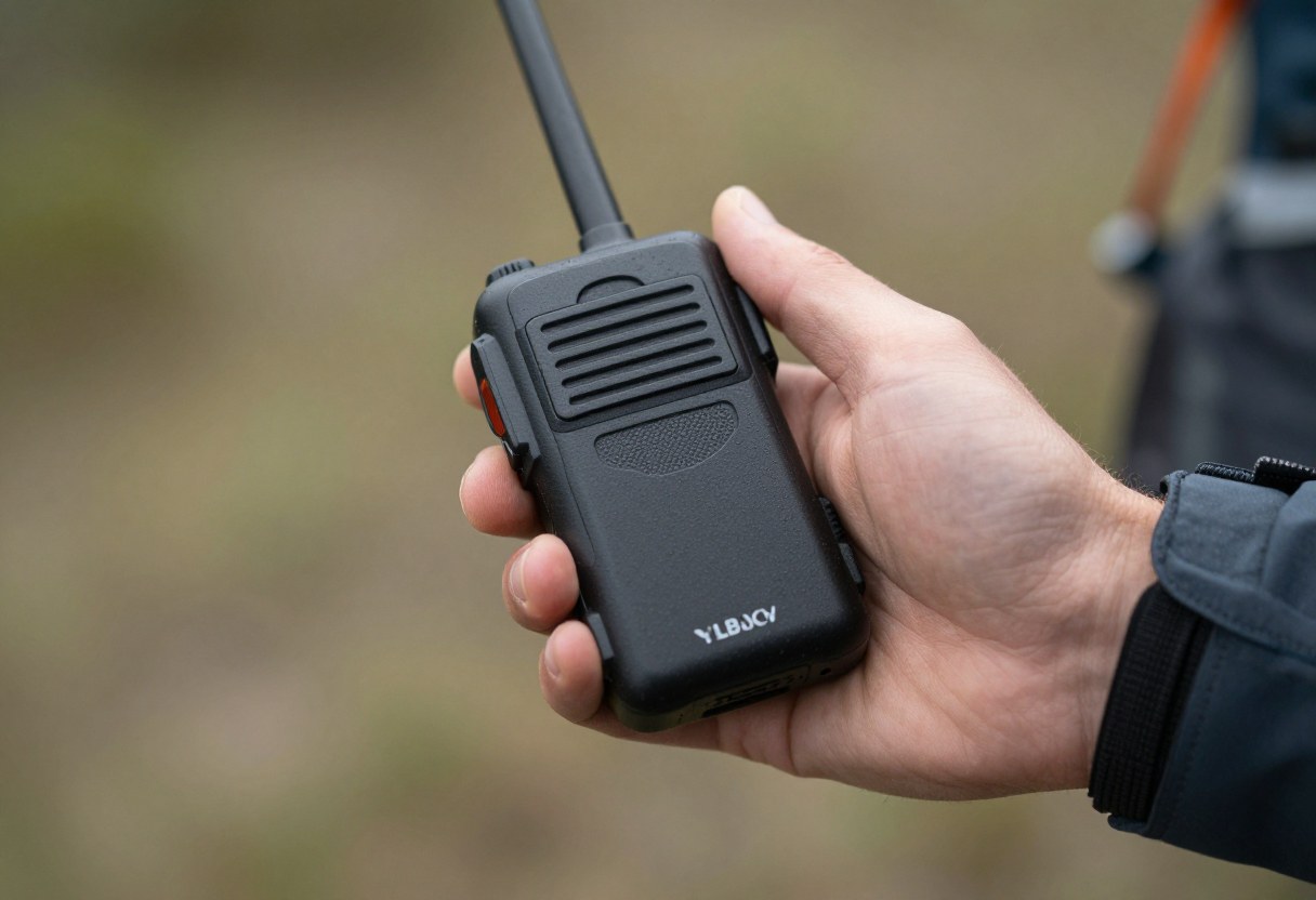 Close-up of a hiker's hand holding a small satellite communicator device outdoors
