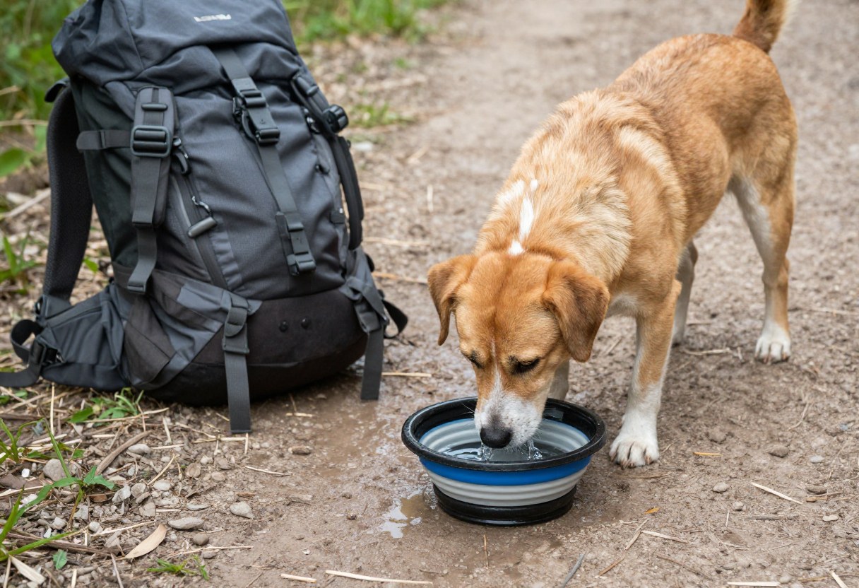 A dog drinking water from a collapsible bowl held beside a hiking backpack on a trail