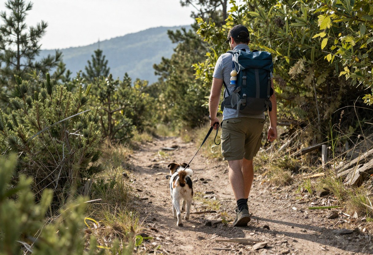 A hiker walking a medium-sized dog on a leash along a wooded mountain trail