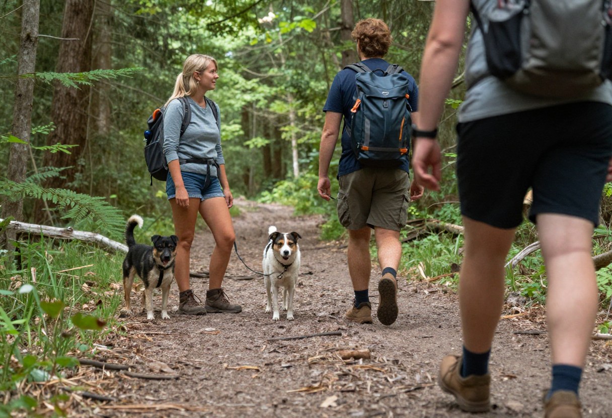 A hiker and leashed dog standing off to the side of a narrow trail while other hikers pass