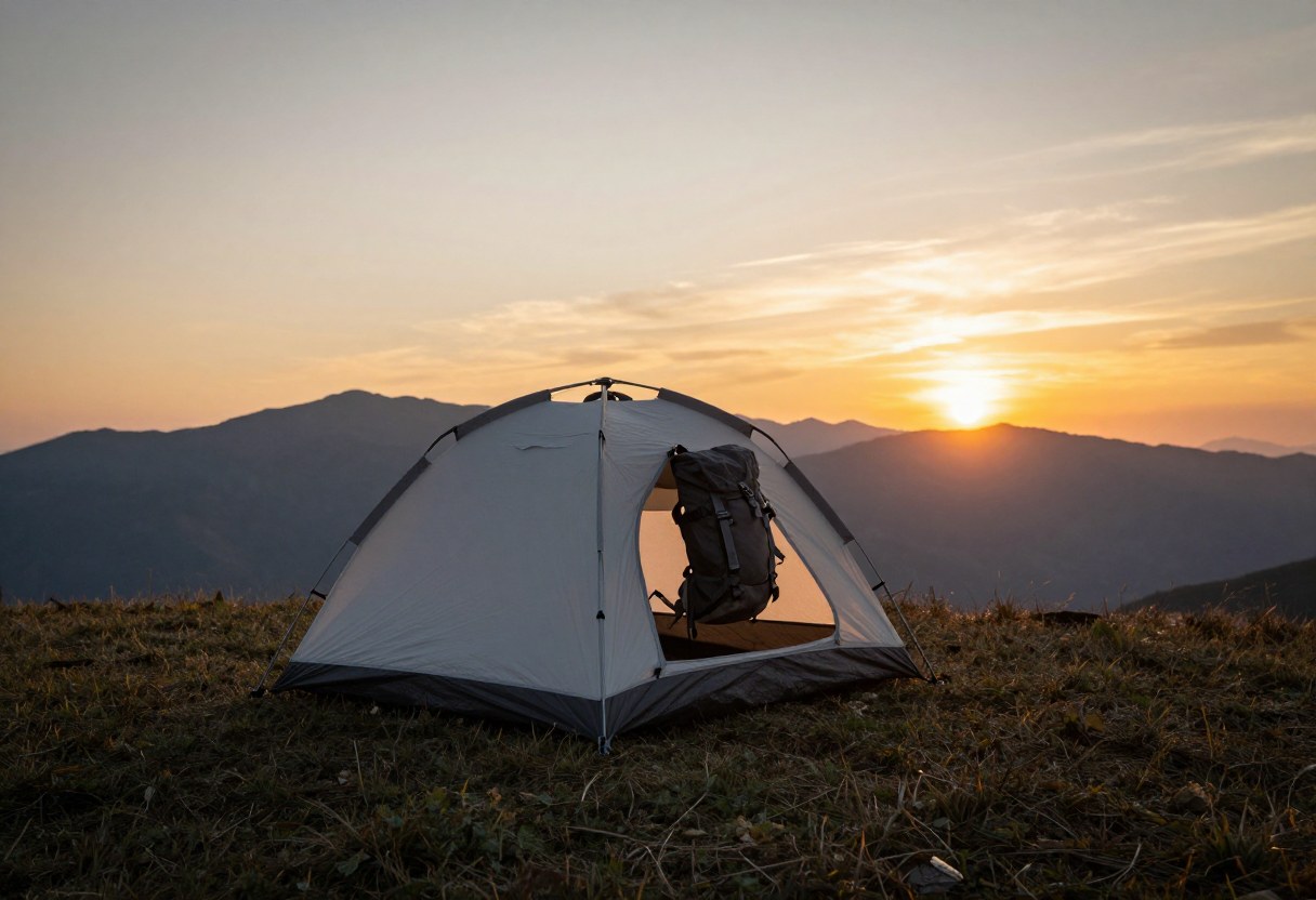 A small lightweight backpacking tent pitched on a scenic mountain ridge at sunset
