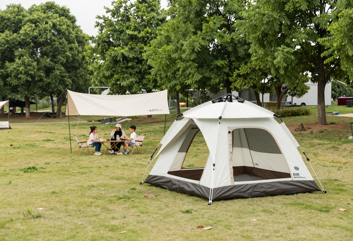 A spacious family camping tent set up at a campground campsite in daylight