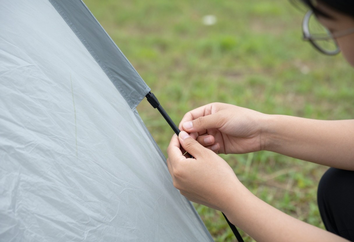 A person setting up and pitching a tent, threading a tent pole, outdoors in daylight