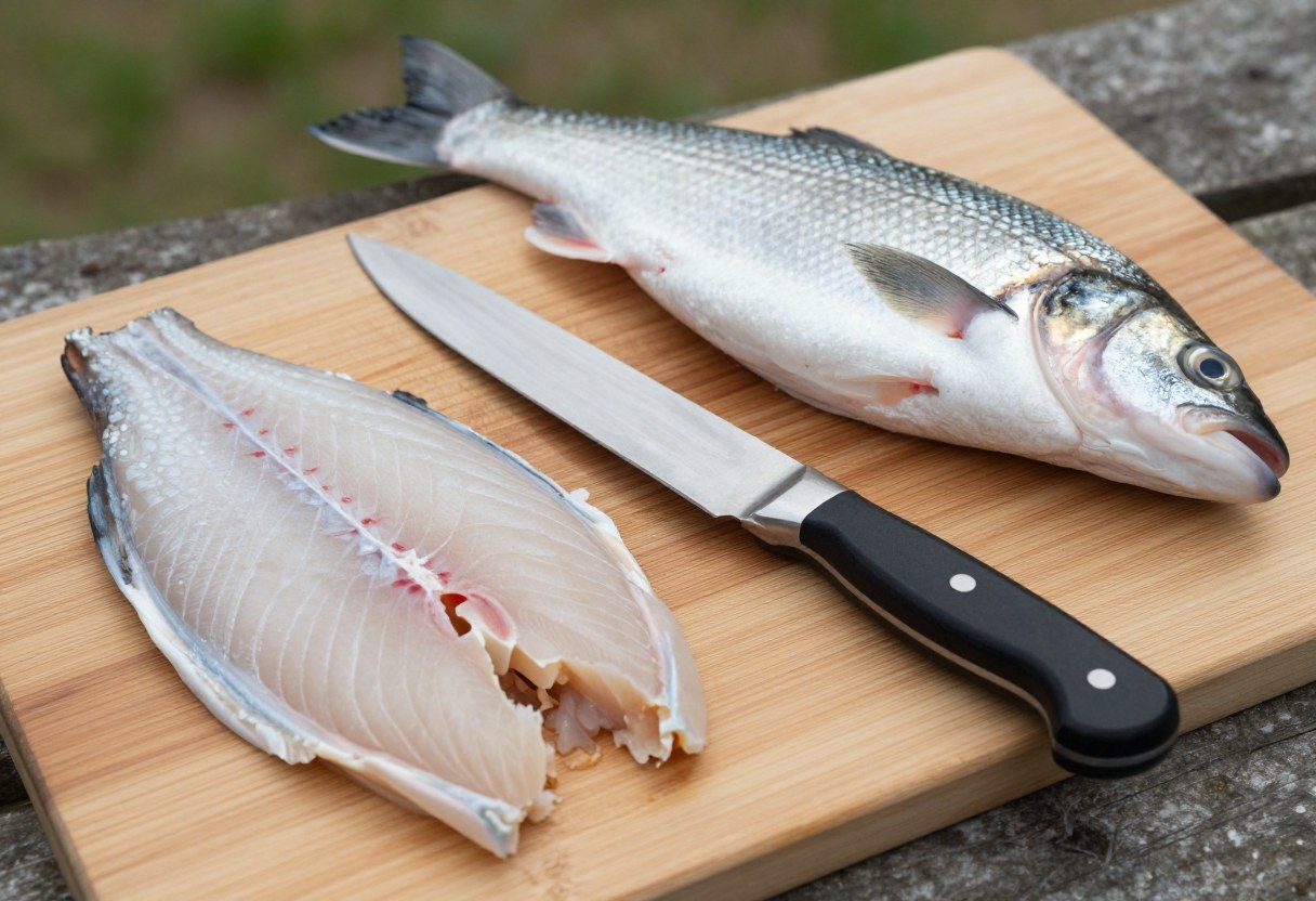 A flexible fillet knife and a whole freshly caught fish on a wooden cutting board beside a pile of finished fillets