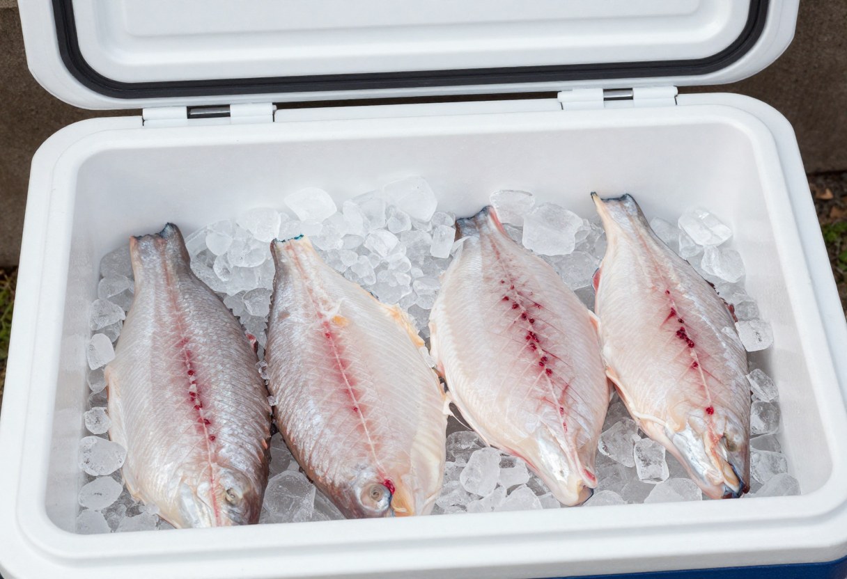 Neatly trimmed fish fillets resting on a bed of crushed ice inside an open cooler