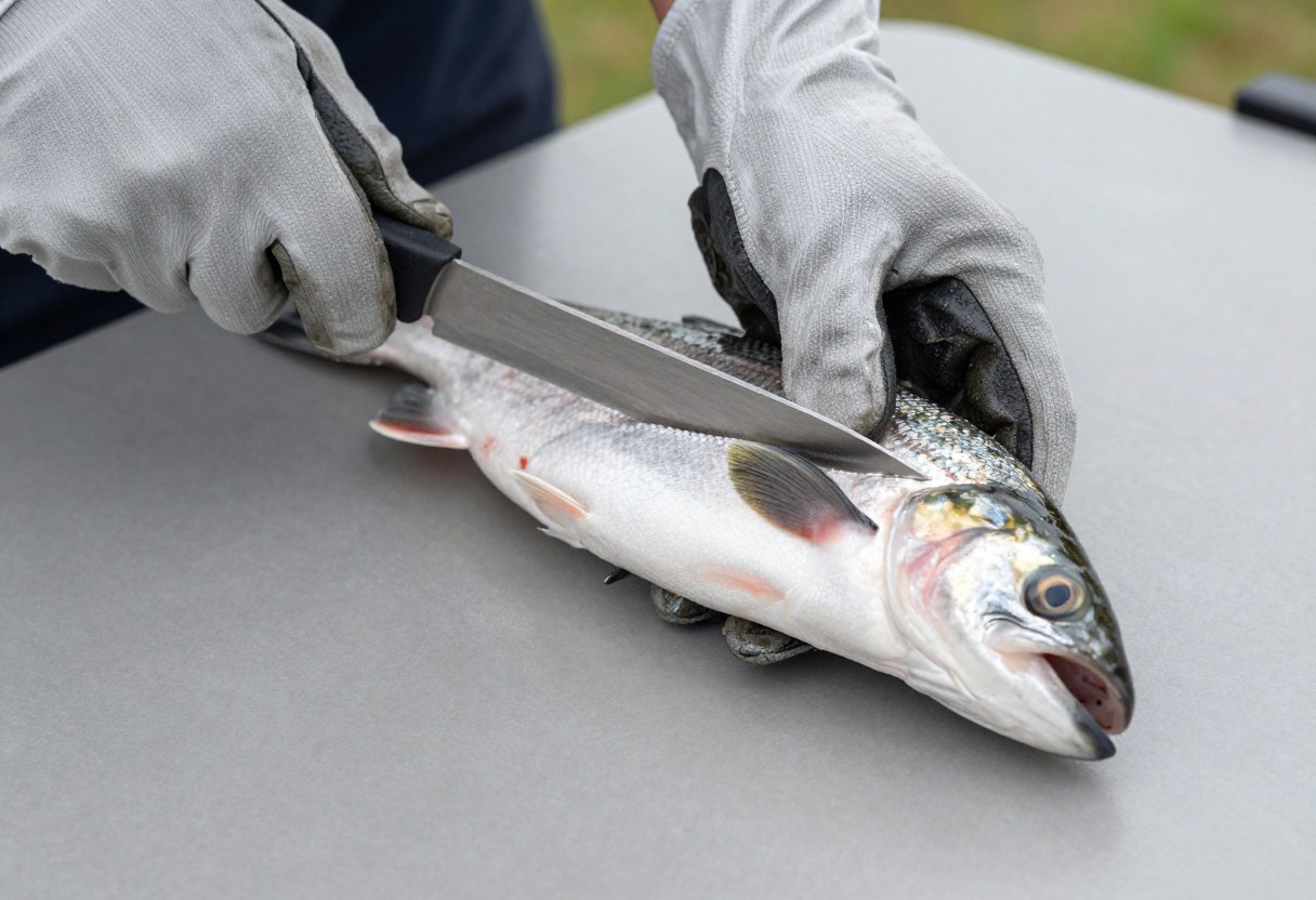 Hands in a cut-resistant glove holding a fish steady while a fillet knife runs along its backbone