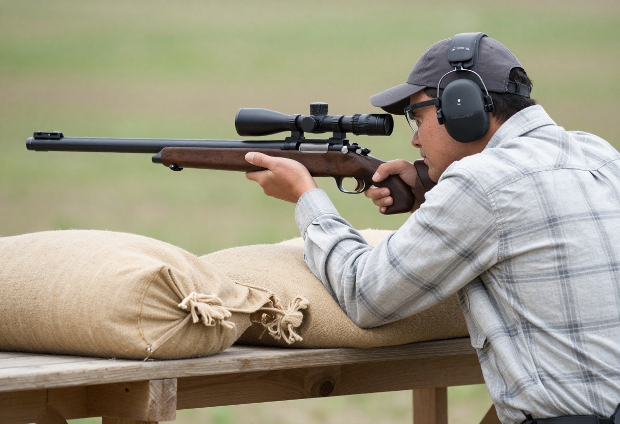 A shooter sighting in a rifle from a bench rest with sandbags, wearing hearing protection