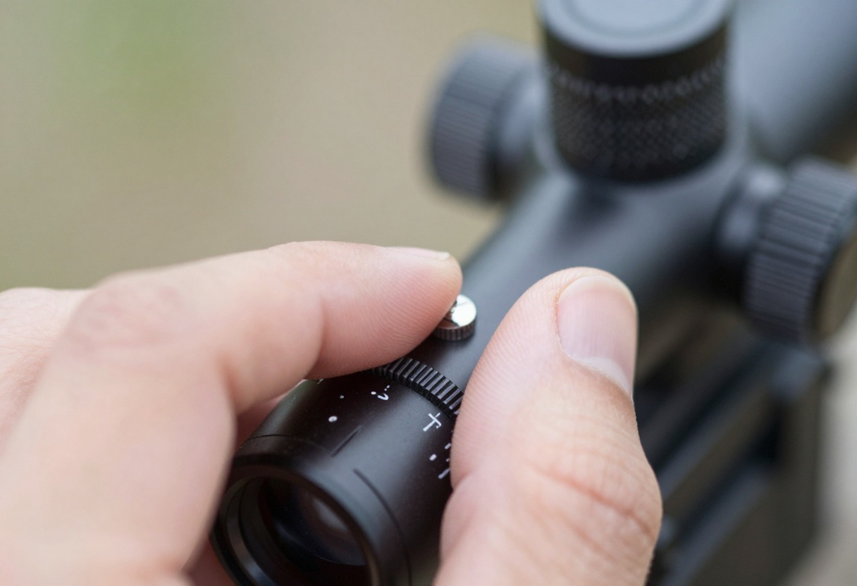 A close-up of a hand adjusting a riflescope's turret dial