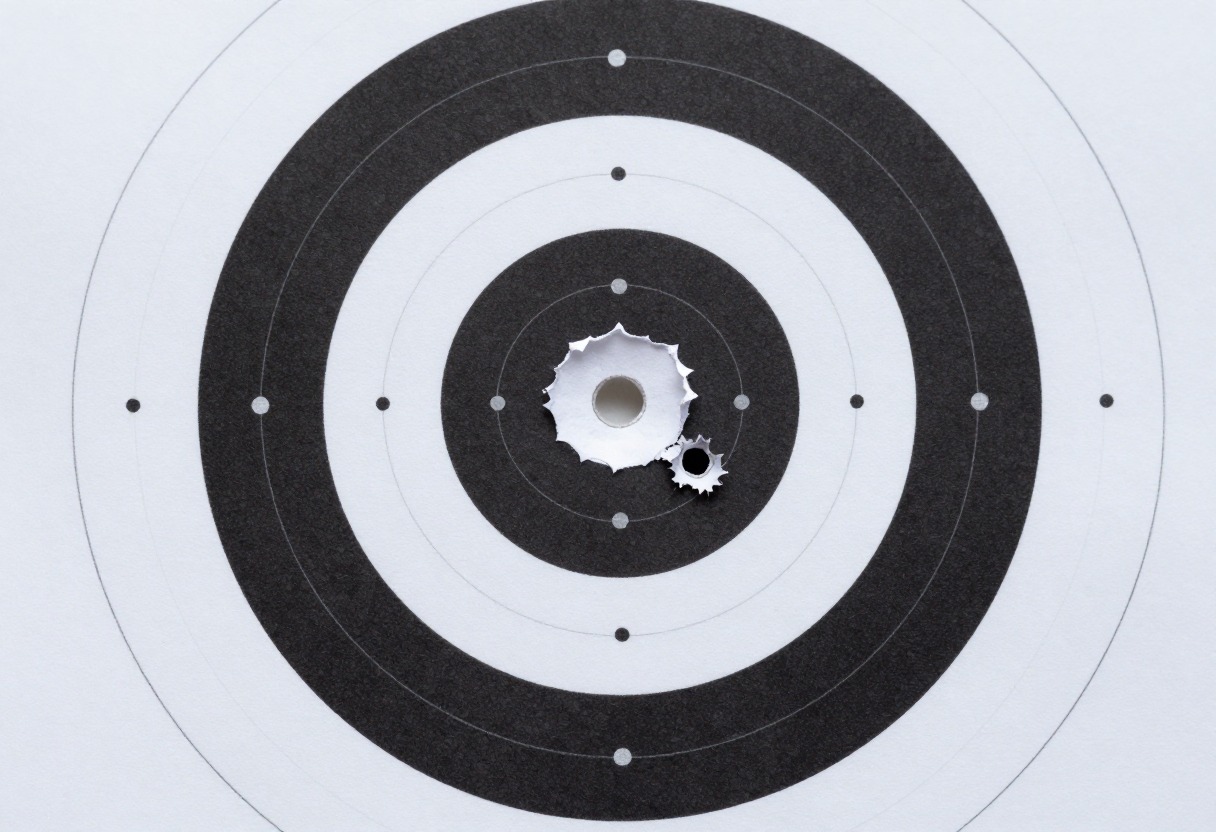 A paper target with a black bullseye and a tight group of bullet holes near the center