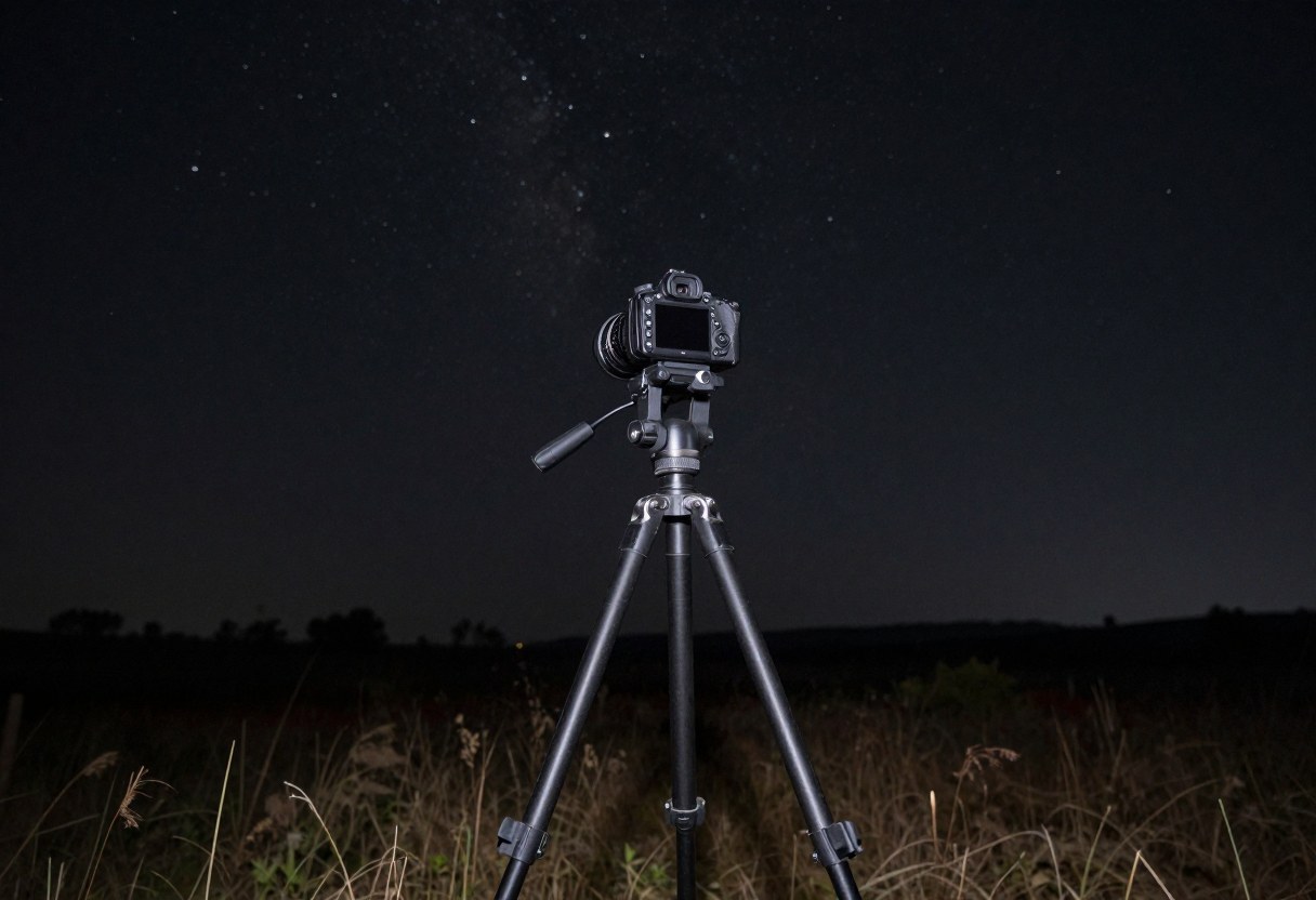A camera mounted on a tripod pointed at a starry night sky above a dark rural landscape