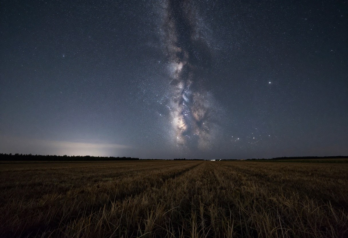 A wide open rural field at night under a dark sky filled with stars, with a faint glow on the far horizon