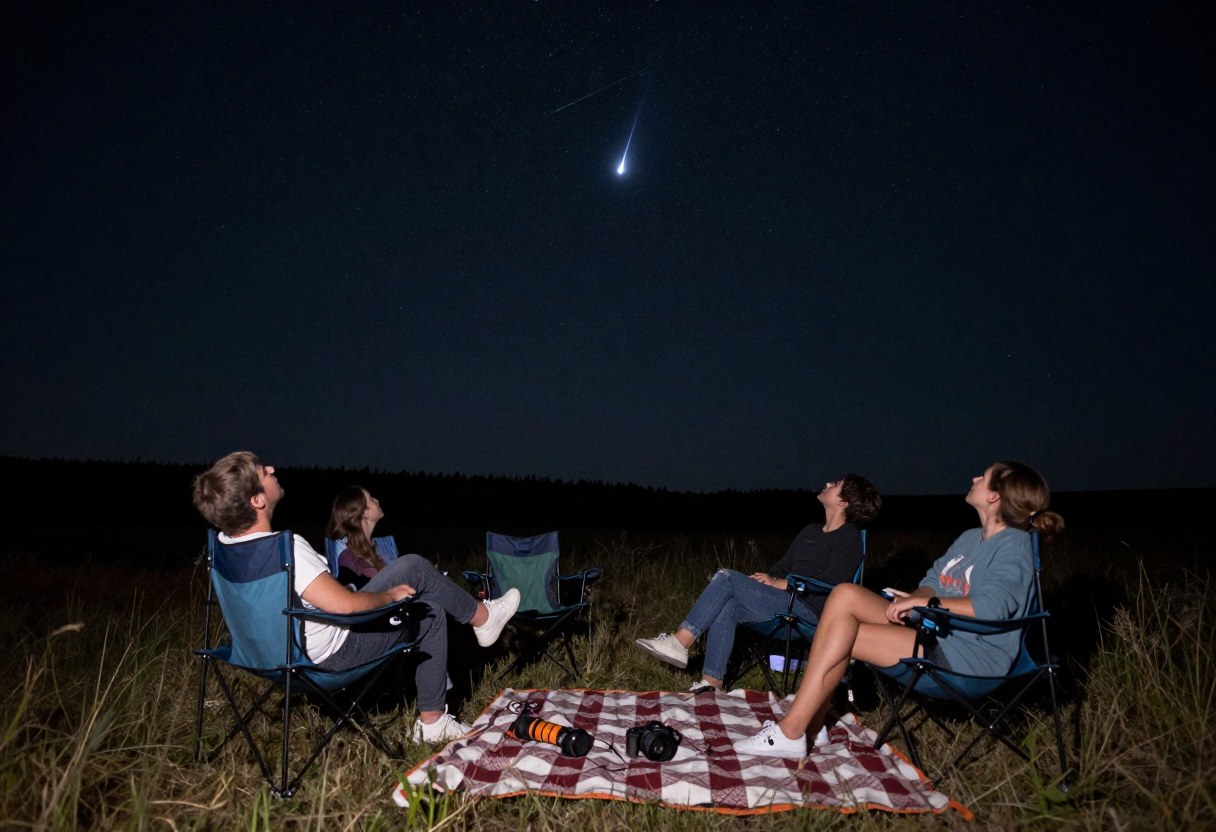 Several people reclined on camp chairs and blankets in an open dark field, looking up at a star-filled sky with a bright meteor streak