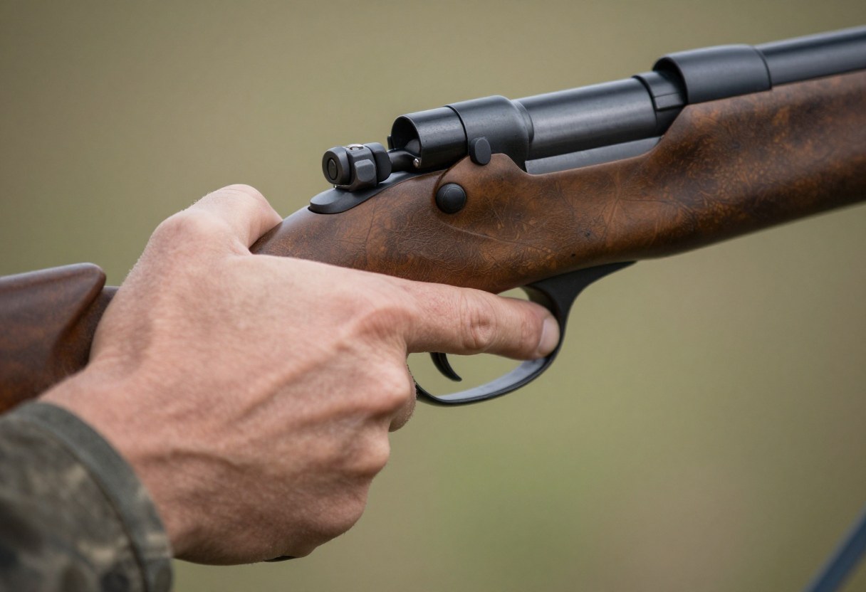 Close-up of a hunter's hand on a rifle with finger resting along the trigger guard, not on the trigger
