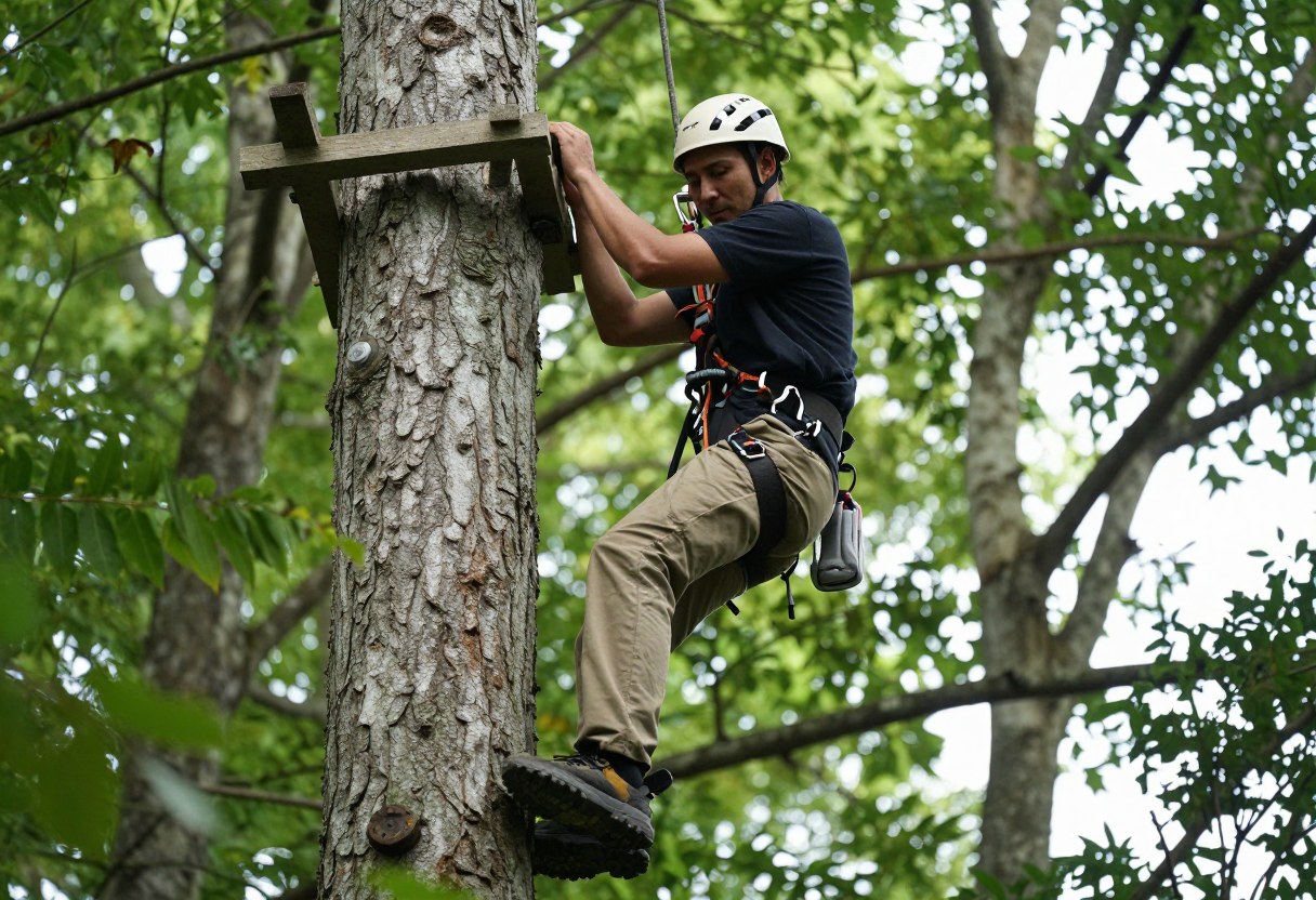 A hunter wearing a full-body safety harness climbing into a tree stand