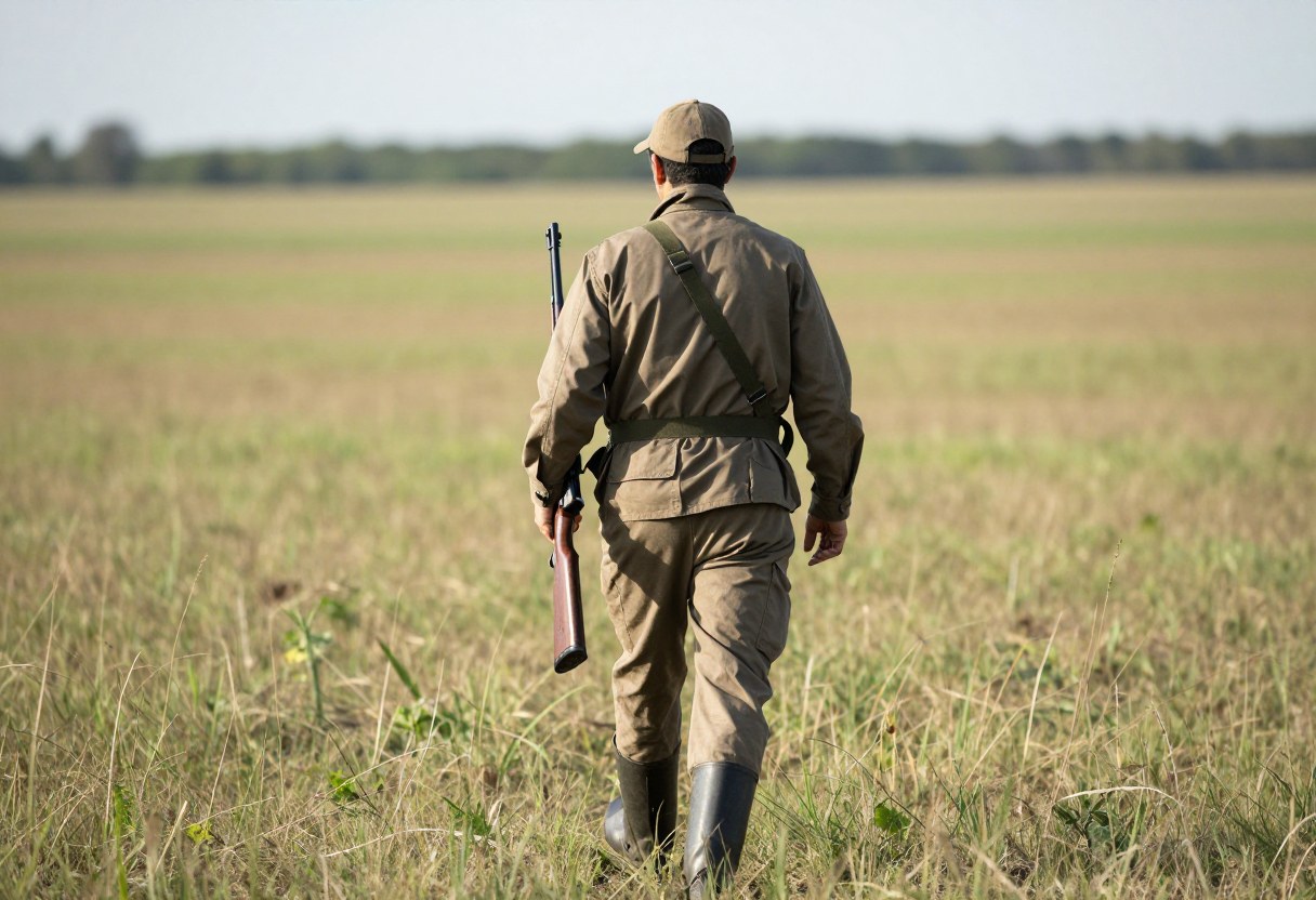 A hunter walking through a field carrying a rifle in a safe two-handed ready carry position