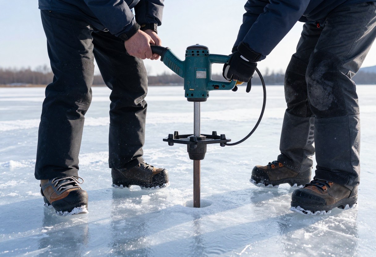 A person drilling a hole in ice with a manual ice auger on a frozen lake