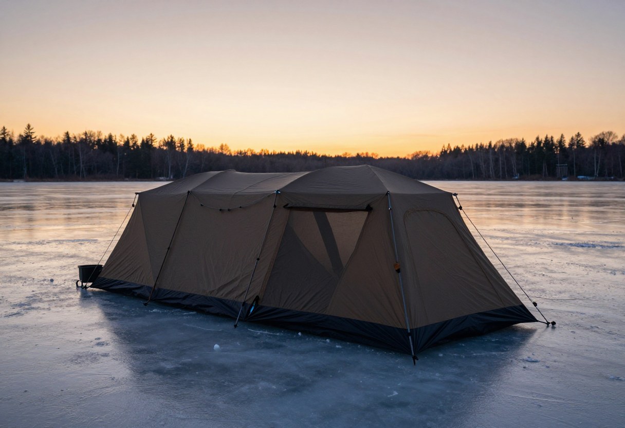 A portable ice fishing shanty tent set up on a frozen lake at dawn