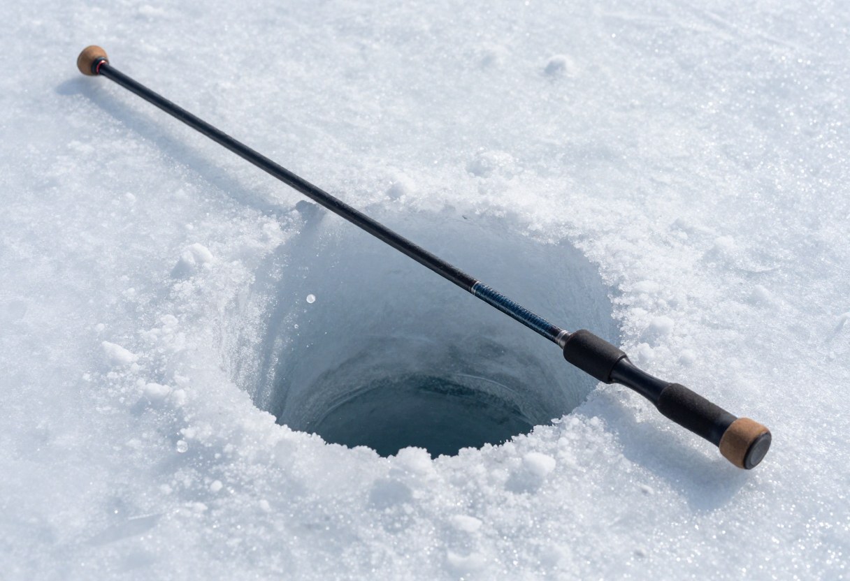 A short ice fishing jigging rod resting over a freshly drilled ice hole