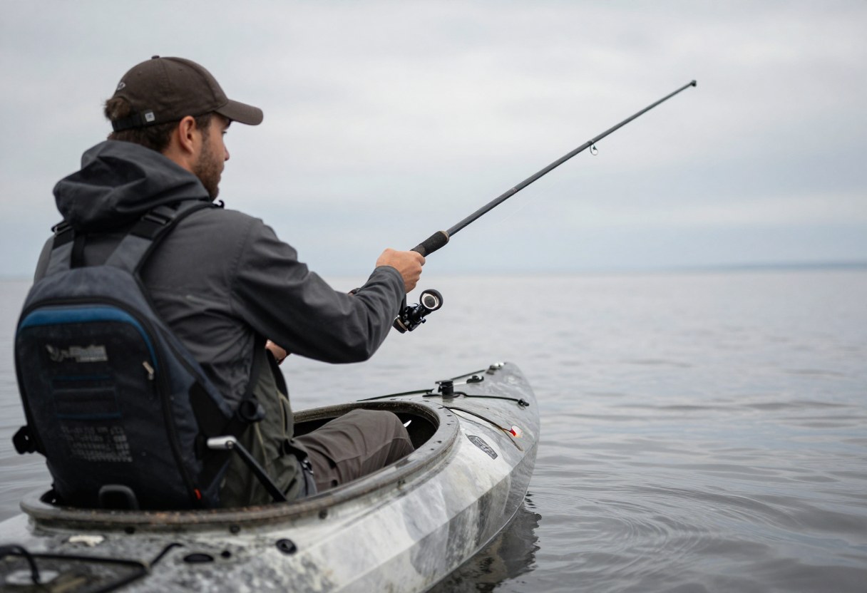 An angler on a kayak holding a fishing rod bent while fighting a fish alongside the boat