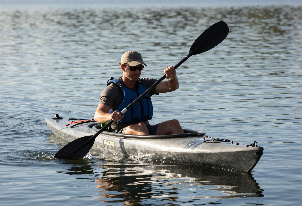 An angler paddling a sit-on-top fishing kayak on calm lake water