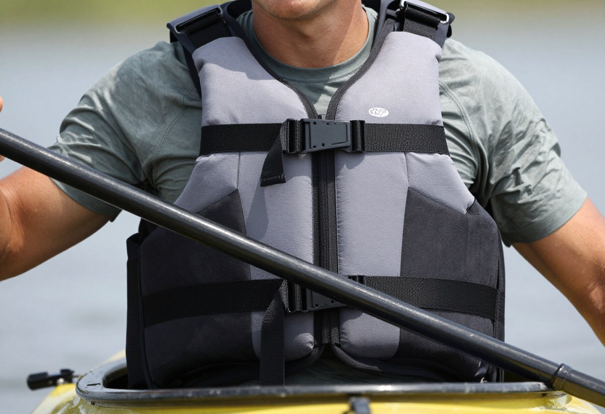 Close-up of a person wearing a properly fitted personal flotation device vest on a kayak