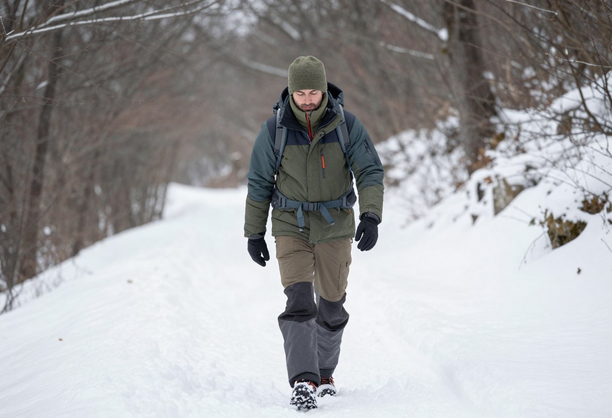 A hiker fully dressed in cold-weather layered gear walking on a snowy trail