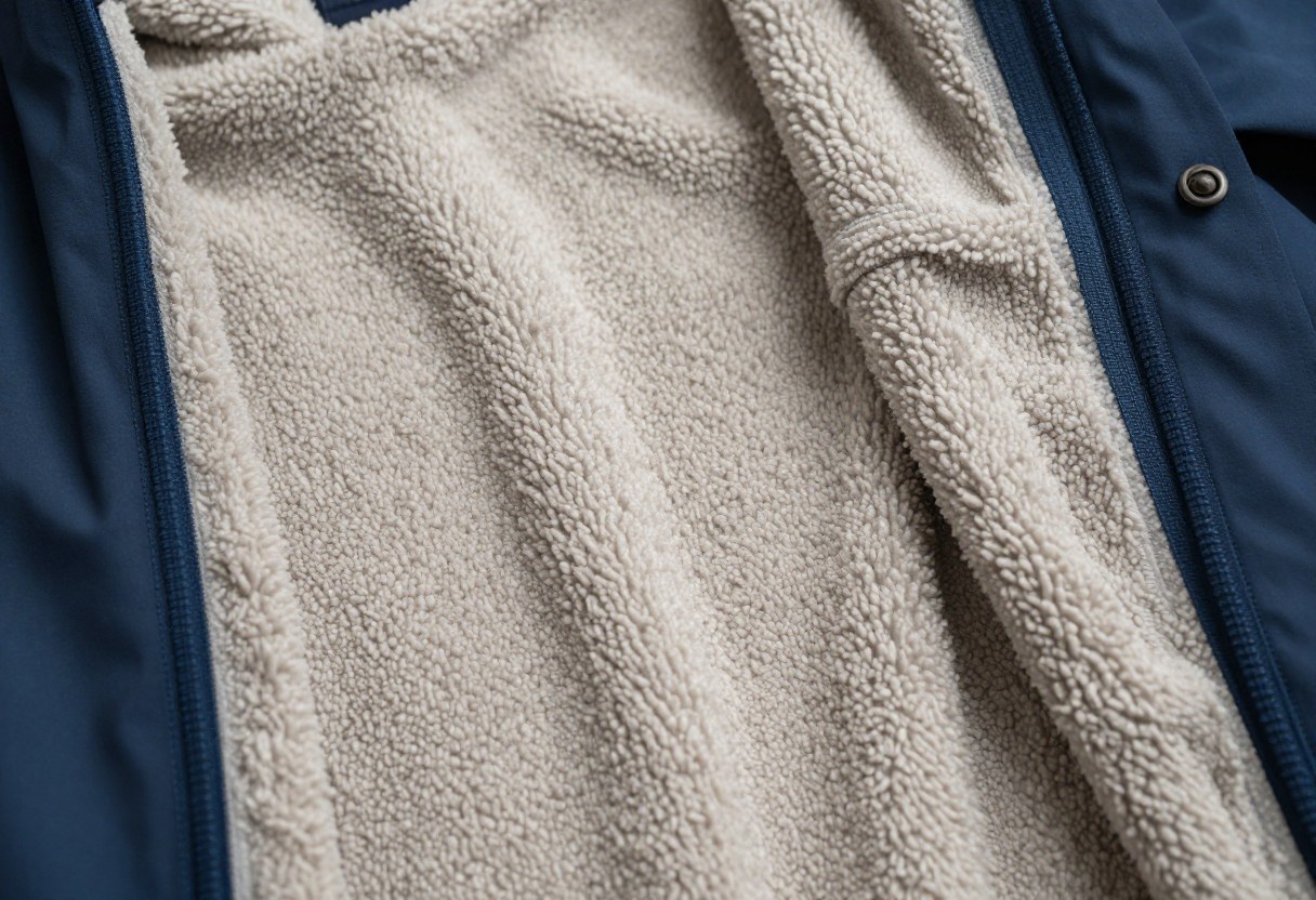 A close-up of layered outdoor clothing textures, a fleece mid layer visible under an open shell jacket