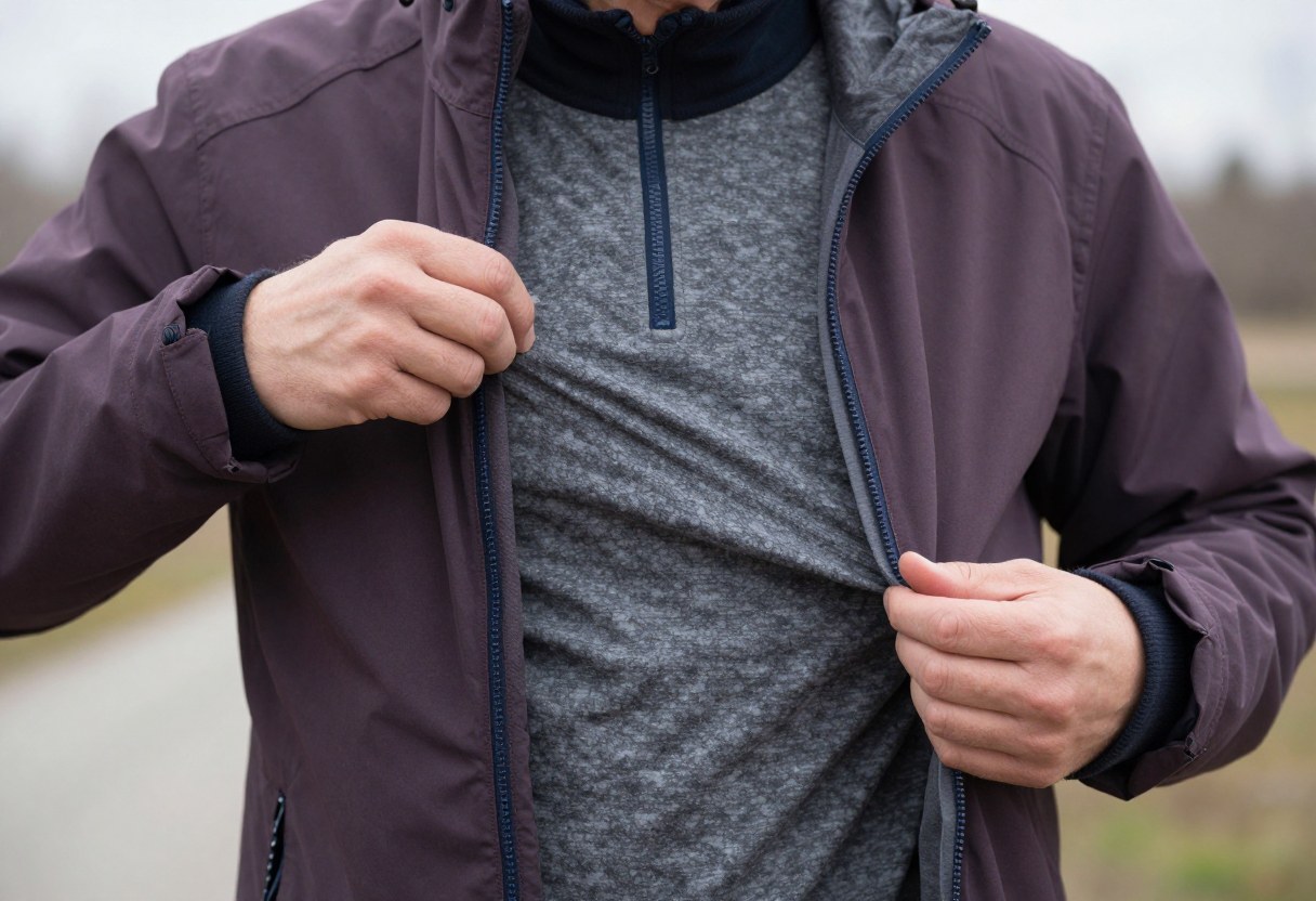 A person putting on a warm insulated jacket layer over a base layer outdoors in cold weather