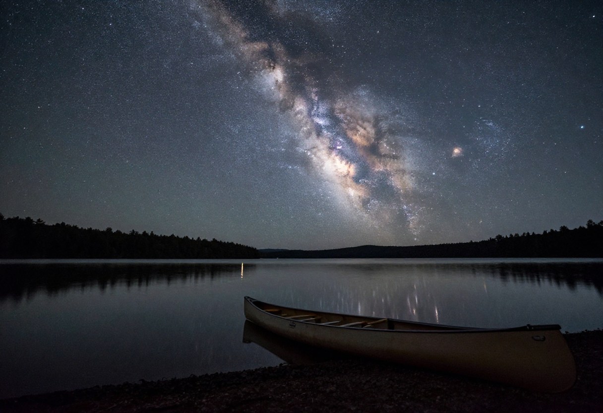 The Milky Way arching over a calm lake at night with a canoe pulled up on the shore and bright stars above